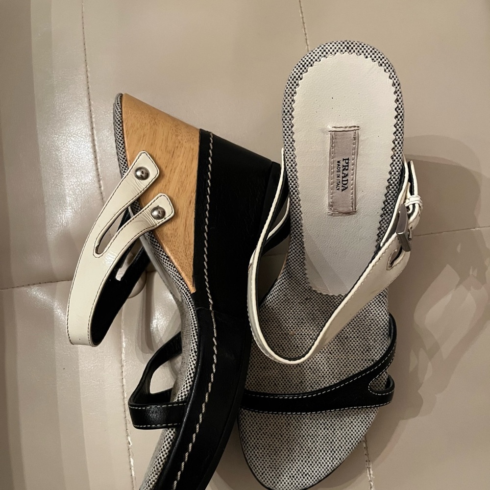 Prada Black and Cream Wedge Sandals